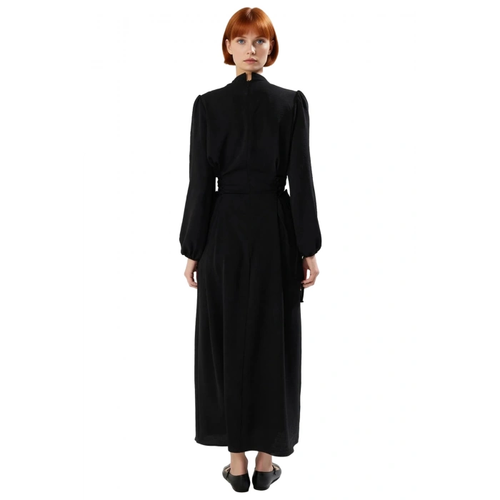 Kadın Lacivert Aerobin Dokuma Maxi Boy Hakim Yaka Britli Düz Rahat Şık Günlük Elbise Kaliteli