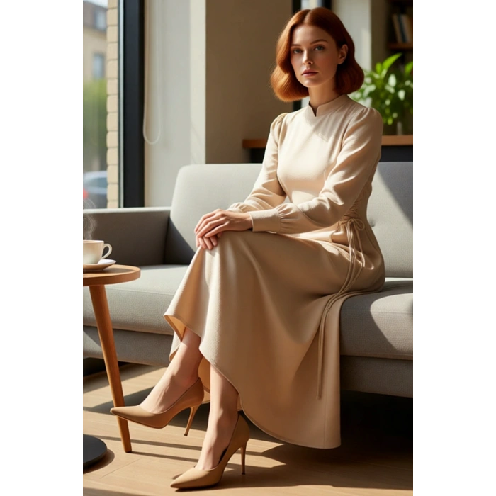 Kadın Lacivert Aerobin Dokuma Maxi Boy Hakim Yaka Britli Düz Rahat Şık Günlük Elbise Kaliteli