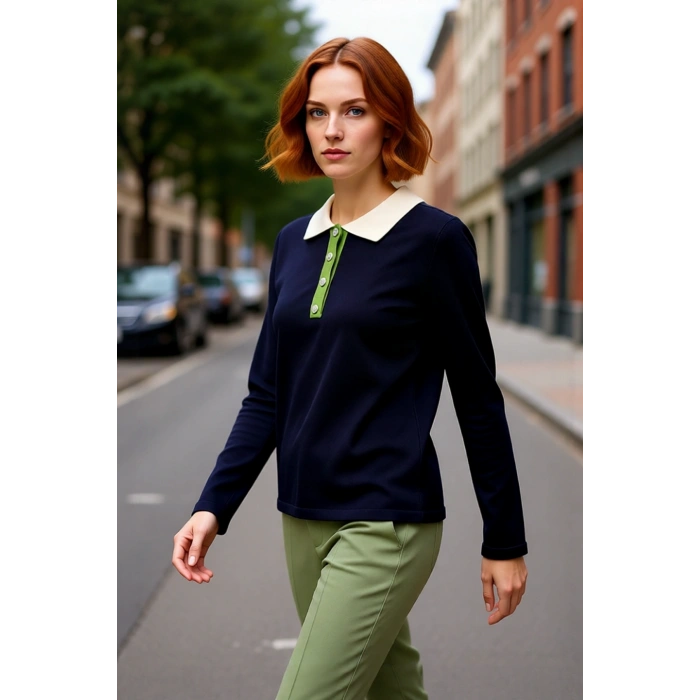 Kadın Lacivert Akrilik Triko Kazak Polo Yaka Renk Bloklu Uzun Kol Taş Düğmeli Kış Şıklığı Kaliteli