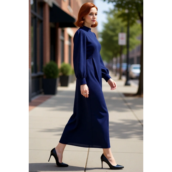 Kadın Lacivert Balon Kol Dik Yaka Kuşaklı Tesettür Dokuma Maxi Elbise Şık ve Konforlu Tasarım
