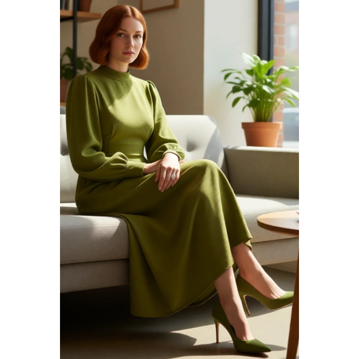 Kadın Lacivert Balon Kol Dik Yaka Kuşaklı Tesettür Dokuma Maxi Elbise Şık ve Konforlu Tasarım