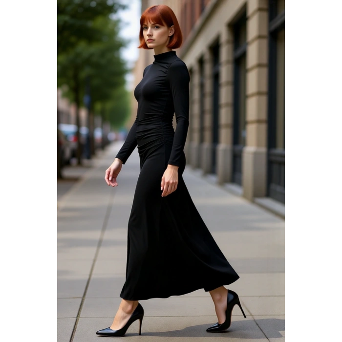 Kadın Lacivert Bodycon Dik Yaka Uzun Kollu Büzgülü Maxi Elbise Modern Şık Esnek Örme Tasarım