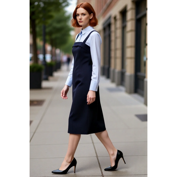 Kadın Lacivert Bodycon Dokuma Elbise Gömlek Yaka Detaylı Şık Ofis ve Günlük Kombinler İçin İdeal