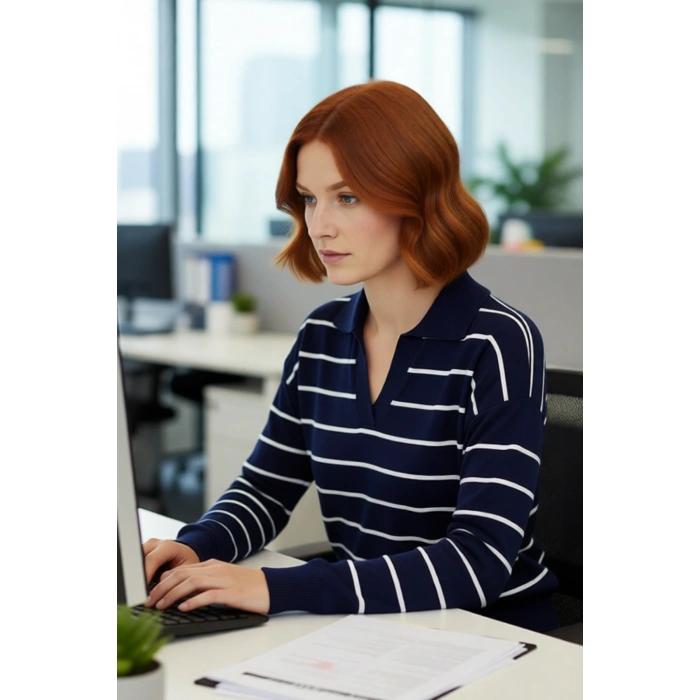 Kadın Lacivert Çizgili Polo Yaka Uzun Düşük Kol Akrilik Triko Kazak Regular Kalıp Günlük Kaliteli