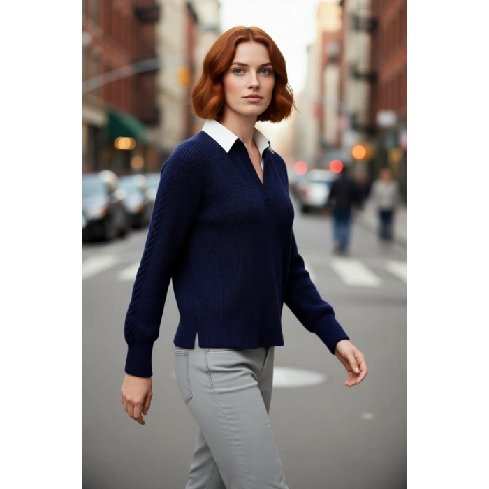 Kadın Lacivert Düşük Kol Saç Örgü Triko Kazak Gömlek Yakalı Regular Kalıp Kış Kombinleri Kaliteli