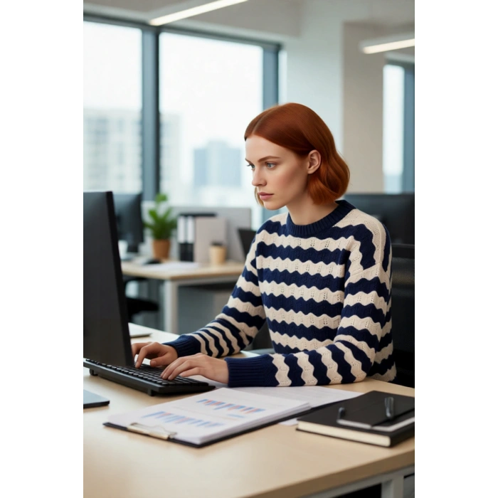 Kadın Lacivert Ekru Rahat Kalıp Bisiklet Yaka Düşük Kol Dalgalı Desenli Orta Kalın Triko Kazak