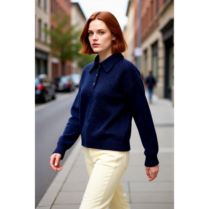Kadın Lacivert Geniş Kalıp Triko Kazak Polo Yaka Tasarımıyla Soğuk Kış Günlerinde Konfor Sunar