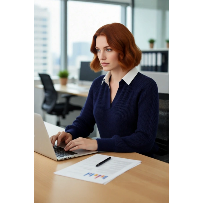 Kadın Lacivert Gömlek Yakalı Saç Örgülü Düşük Kol Triko Kazak Regular Kalıp Yumuşak Dokulu Günlük