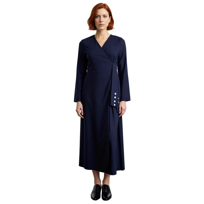 Kadın Lacivert Kruvaze Yaka Anvelop Maxi Elbise Yandan Bağlama Detaylı Dokuma Kumaş Uzun Kollu Şık