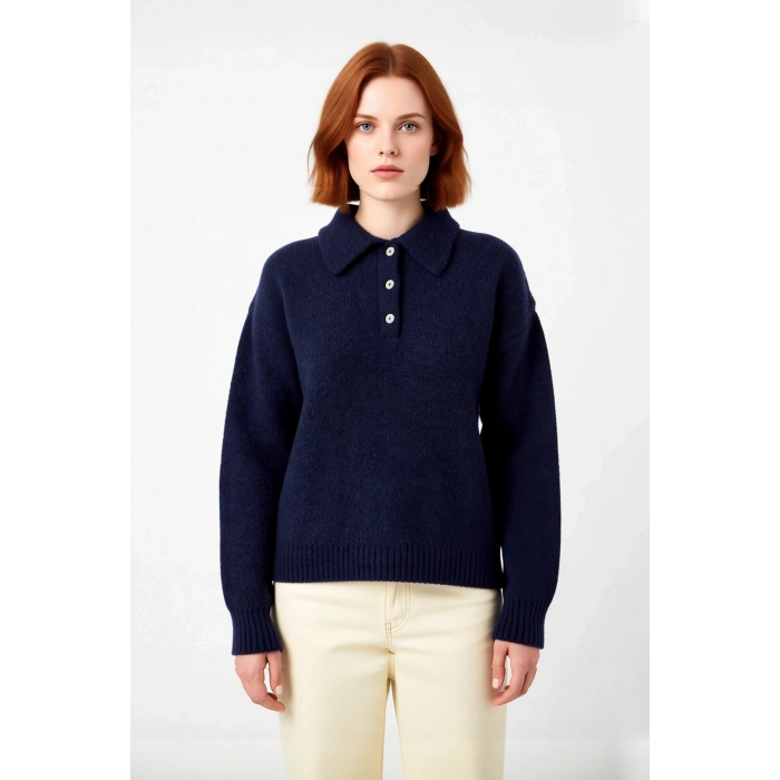 Kadın Lacivert Oversize Geniş Kalıp Polo Yaka Triko Kazak Kış Günleri İçin İdeal Günlük Kombin