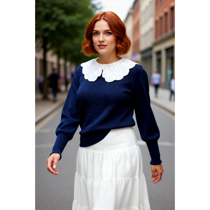 Kadın Lacivert Regular Kalıp Triko Kazak Dantel Gömlek Yaka Tasarımı ile Kış Şıklığı Kaliteli