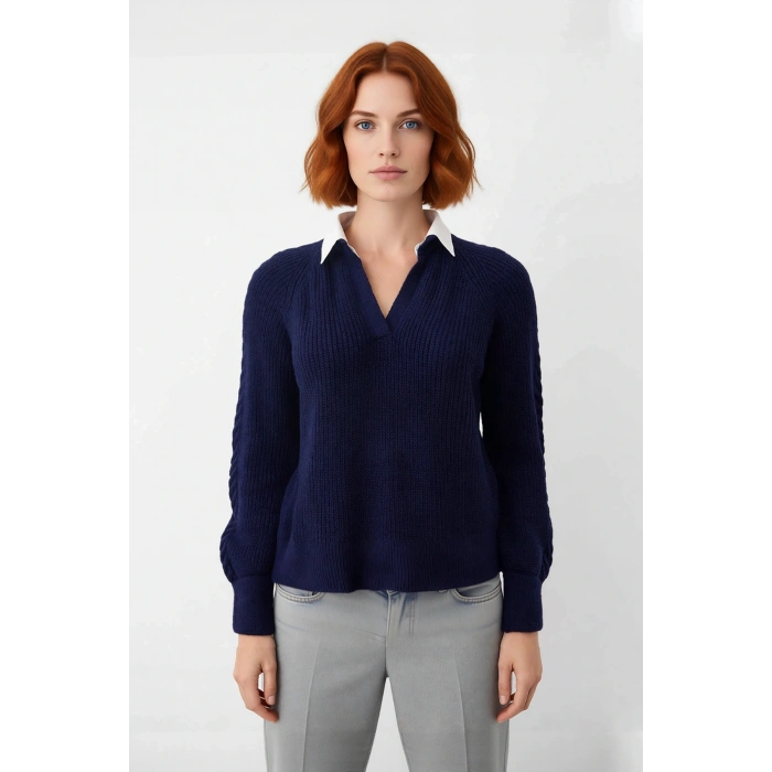 Kadın Lacivert Regular Kalıp Triko Kazak Düşük Kol Gömlek Yaka Saç Örgülü Kışlık Şıklık Kaliteli
