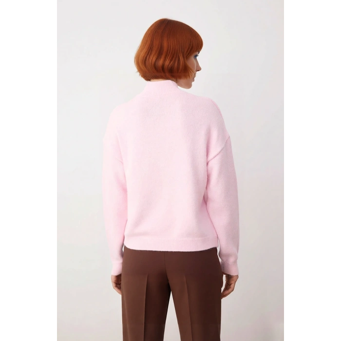 Kadın Lacivert Regular Kesim Dik Yaka Uzun Düşük Kol Triko Kazak Günlük Giyime Elegans Katın