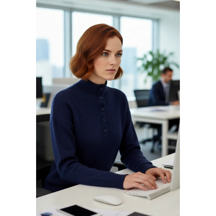 Kadın Lacivert Regular Kesim Dik Yaka Uzun Düşük Kol Triko Kazak Günlük Giyime Elegans Katın