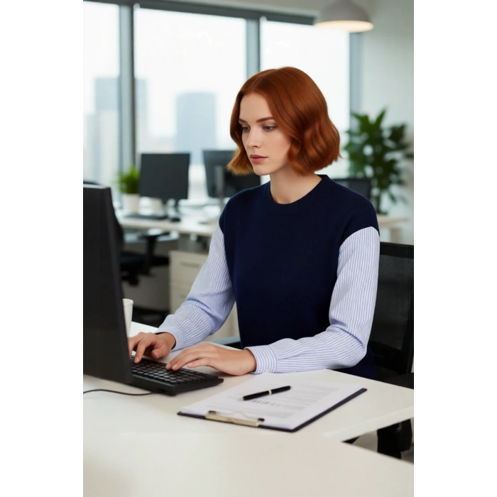 Kadın Lacivert Renk Bloklu Oversize Bisiklet Yaka Çizgili Gömlek Detaylı Triko Kazak Modern Rahatlık