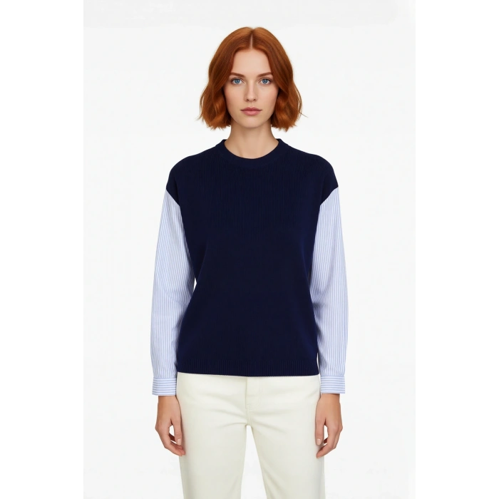 Kadın Lacivert Renk Bloklu Oversize Bisiklet Yaka Çizgili Gömlek Detaylı Triko Kazak Modern Rahatlık