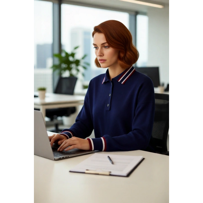 Kadın Lacivert Renk Bloklu Polo Yaka Oversize Triko Kazak Günlük Stil İçin İdeal Düşük Kol Tasarım