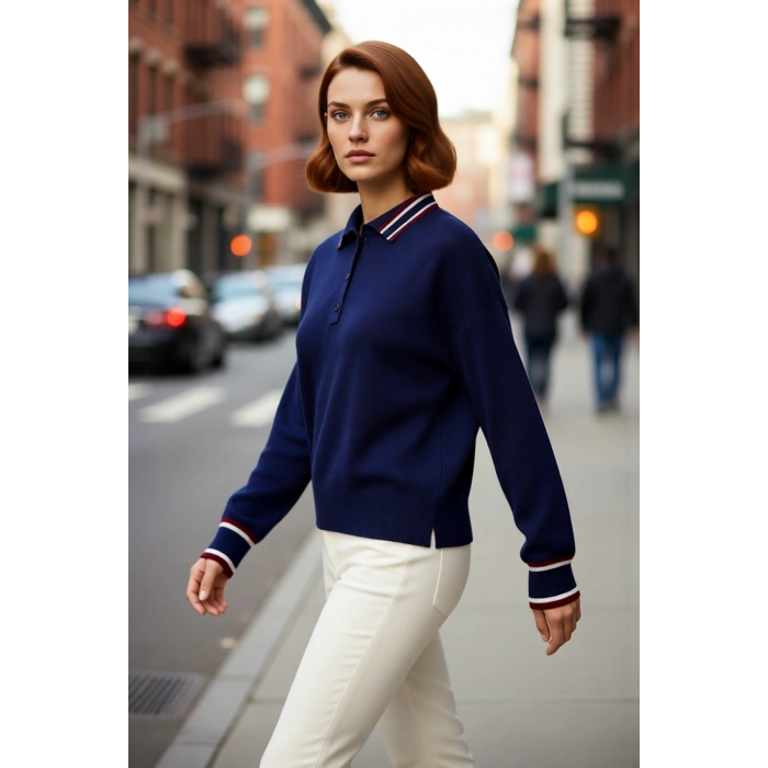 Kadın Lacivert Renk Bloklu Polo Yaka Oversize Triko Kazak Günlük Stil İçin İdeal Düşük Kol Tasarım