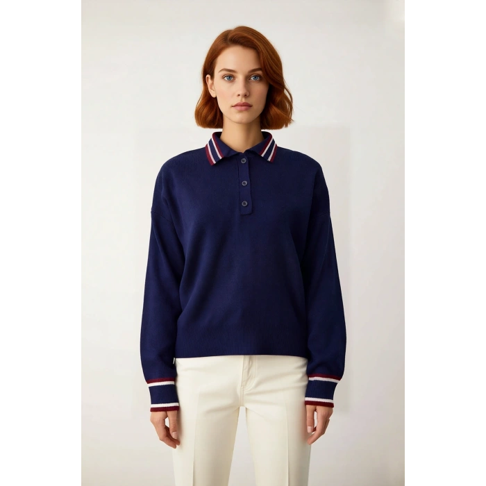 Kadın Lacivert Renk Bloklu Polo Yaka Oversize Triko Kazak Günlük Stil İçin İdeal Düşük Kol Tasarım