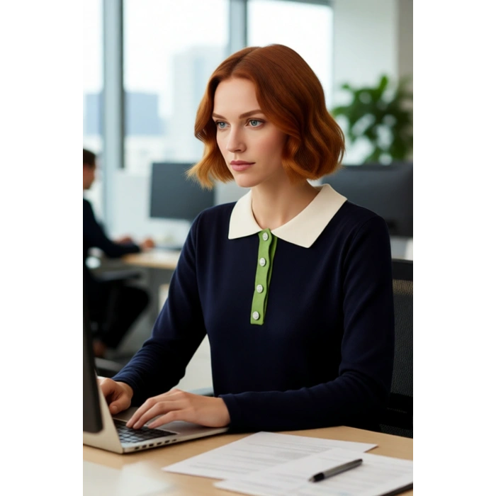 Kadın Lacivert Renk Bloklu Polo Yaka Taş Düğmeli Triko Kazak Kış Sezonu İçin Şık Ve Konforlu Bir