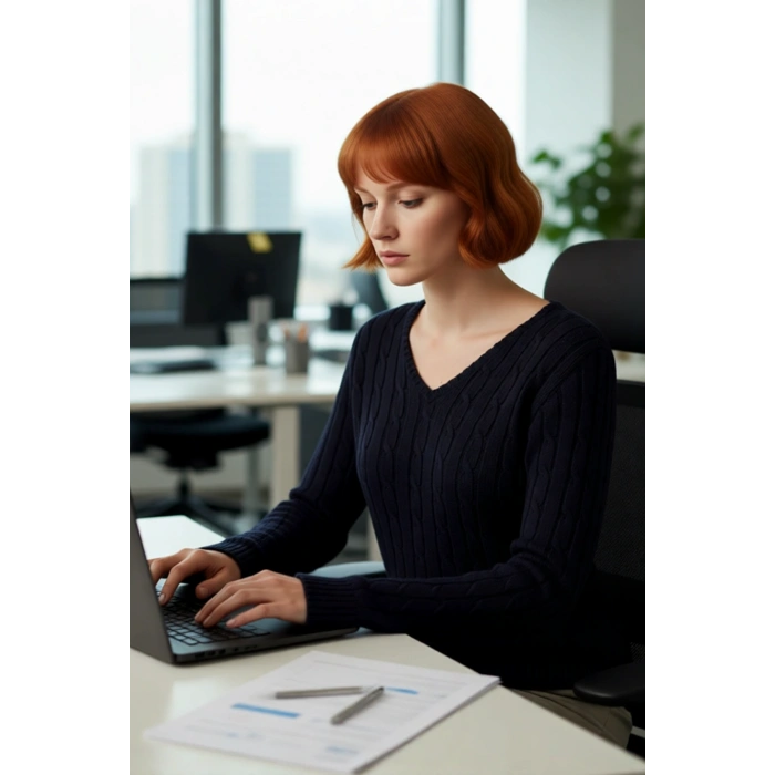 Kadın Lacivert Saç Örgü V Yaka Triko Kazak Regular Kalıp Uzun Kol Basic Günlük Şıklık Kaliteli