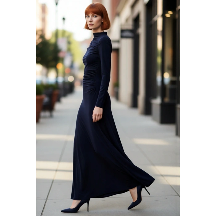 Kadın Lacivert Uzun Kollu Dik Yaka Bodycon Maxi Elbise Büzgülü Esnek Şık Modern Örme Tasarım