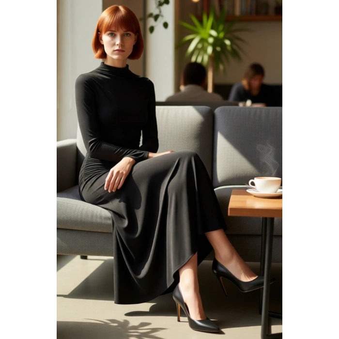 Kadın Lacivert Uzun Kollu Dik Yaka Bodycon Maxi Elbise Büzgülü Esnek Şık Modern Örme Tasarım