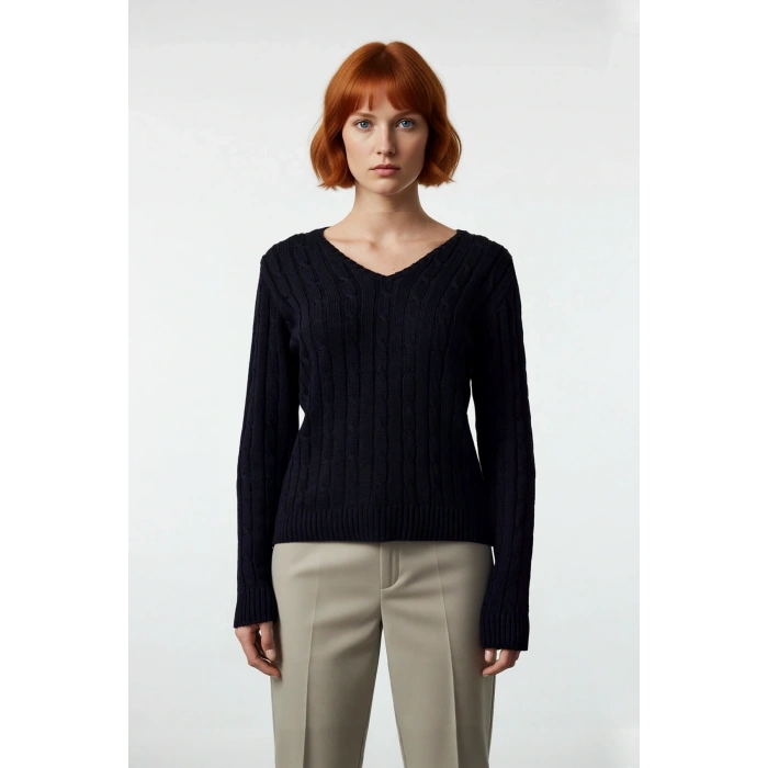 Kadın Lacivert V Yaka Saç Örgü Pamuklu Triko Kazak Regular Kalıp Kışlık Konforlu Basic Stil