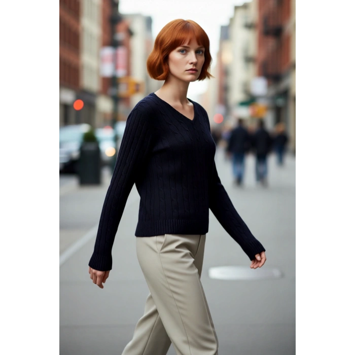 Kadın Lacivert V Yaka Saç Örgü Pamuklu Triko Kazak Regular Kalıp Kışlık Konforlu Basic Stil