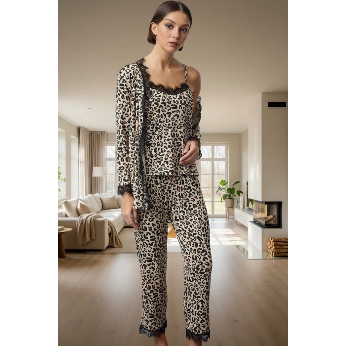 Kadın Leopar Desenli 3lü Pijama Takımı İnce Askılı Kaşkorse Kumaştan Rahat Ve Şık Özenle Seçilmiş