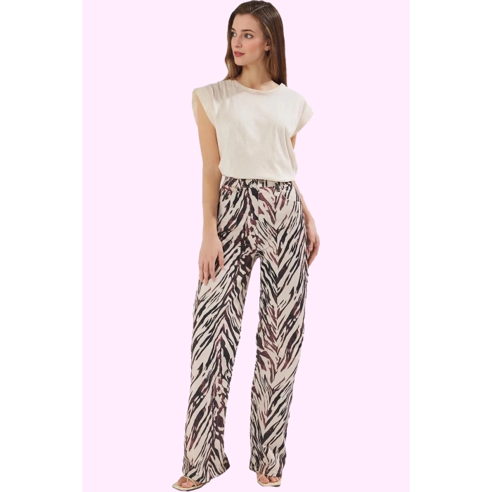 Kadın Leopar Desenli Denim Pantolon Yüksek Bel Wide Leg Rahat Günlük Kullanım Modern Tasarım