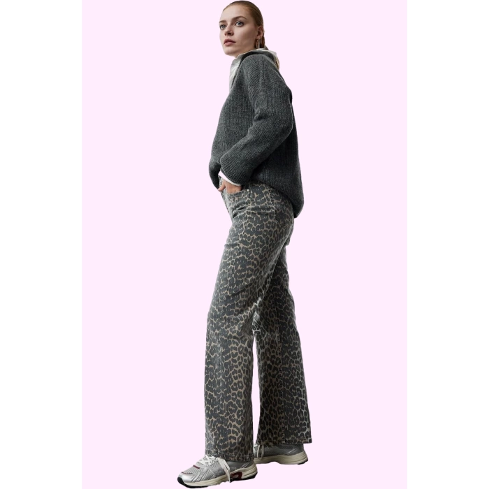 Kadın Leopar Desenli Denim Pantolon Yüksek Bel Wide Leg Rahat Günlük Kullanım Modern Tasarım