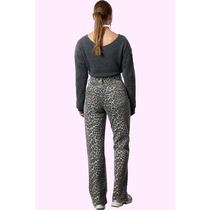 Kadın Leopar Desenli Denim Pantolon Yüksek Bel Wide Leg Rahat Günlük Kullanım Modern Tasarım