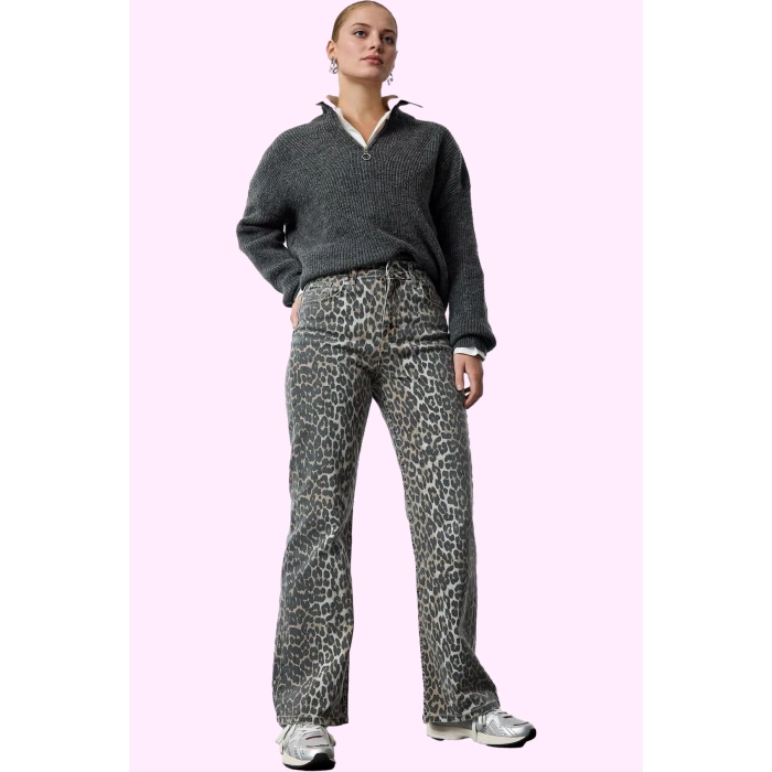 Kadın Leopar Desenli Denim Pantolon Yüksek Bel Wide Leg Rahat Günlük Kullanım Modern Tasarım