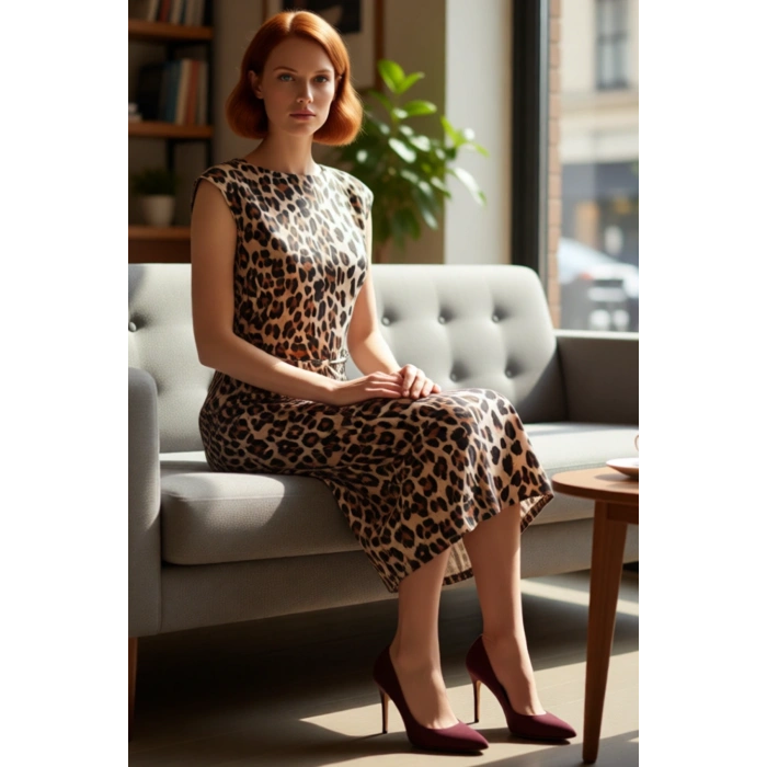 Kadın Leopar Desenli Midi Boy Astarlı Dokuma Elbise Bisiklet Yaka Kolsuz Rahat Kesim Yaz Bahar Stili