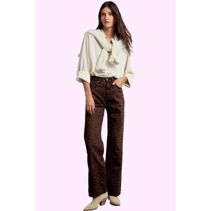 Kadın Leopar Desenli Pamuk Denim Pantolon Yüksek Bel Wide Leg Rigid Dokuma Günlük Kullanım