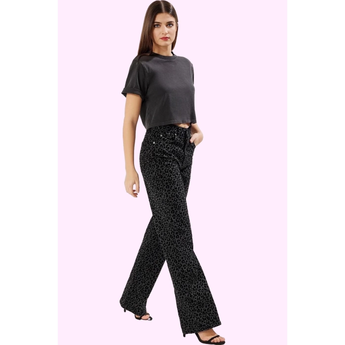 Kadın Leopar Desenli Pamuk Denim Pantolon Yüksek Bel Wide Leg Rigid Dokuma Günlük Kullanım