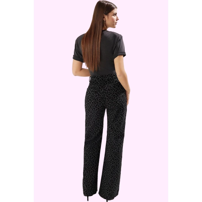 Kadın Leopar Desenli Pamuk Denim Pantolon Yüksek Bel Wide Leg Rigid Dokuma Günlük Kullanım