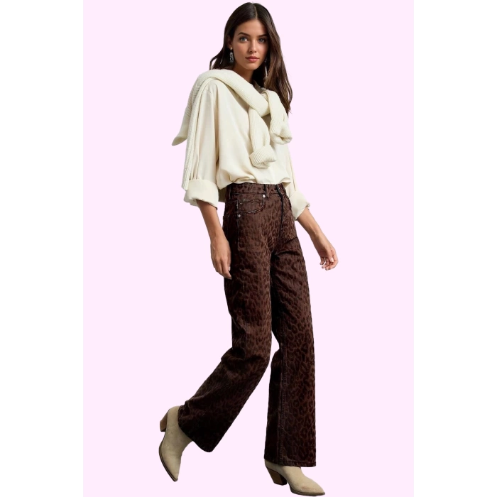 Kadın Leopar Desenli Pamuk Denim Pantolon Yüksek Bel Wide Leg Rigid Dokuma Günlük Kullanım