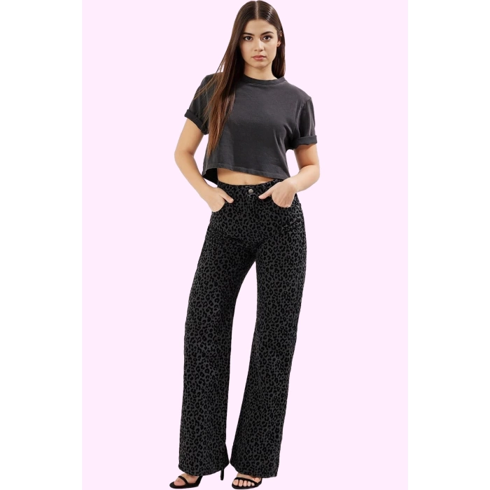 Kadın Leopar Desenli Pamuk Denim Pantolon Yüksek Bel Wide Leg Rigid Dokuma Günlük Kullanım