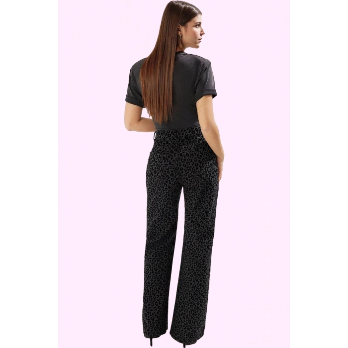 Kadın Leopar Desenli Pamuk Jean Pantolon Yüksek Bel Wide Leg Casual Tarz Dayanıklı Malzeme
