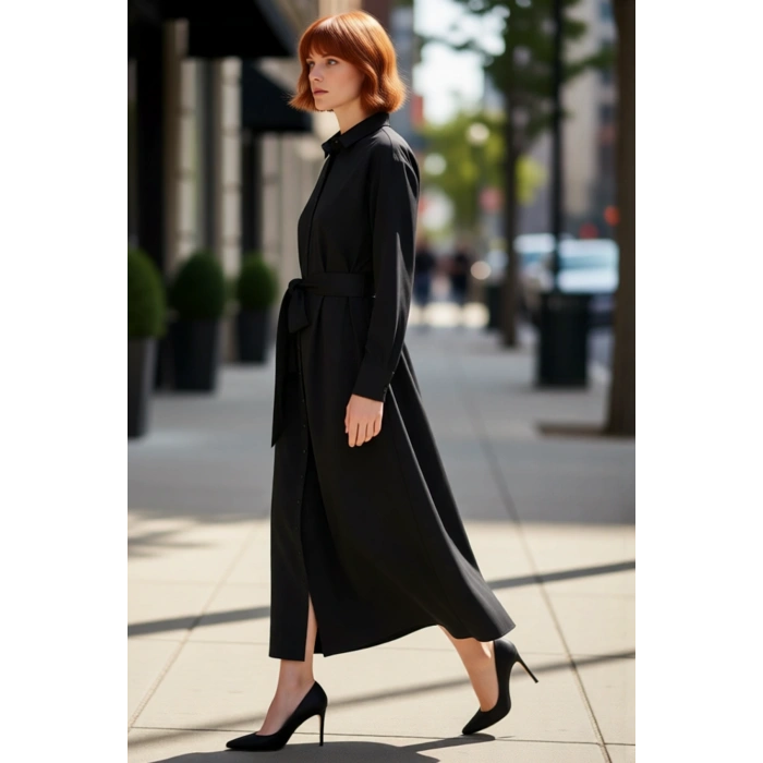 Kadın Lila Kuşaklı Dokuma Gömlek Elbise Rahat Standart Kol Maxi Boy Düz Desen Şıklığı Kaliteli