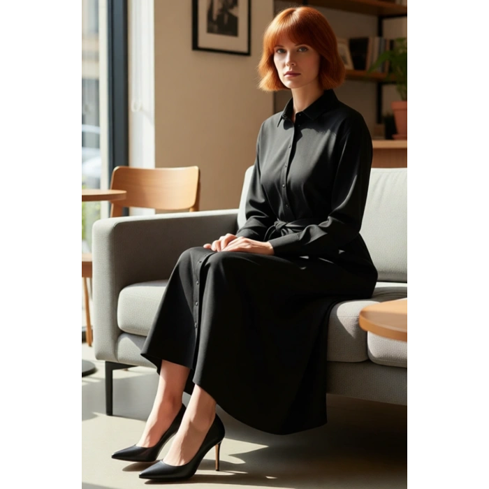 Kadın Lila Kuşaklı Dokuma Gömlek Elbise Rahat Standart Kol Maxi Boy Düz Desen Şıklığı Kaliteli