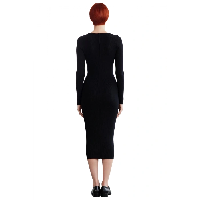 Kadın Limited Edition Siyah Bodycon Triko Gül Detaylı Maxi Elbise İlkbahar Sonbahar Zarafeti Sunar