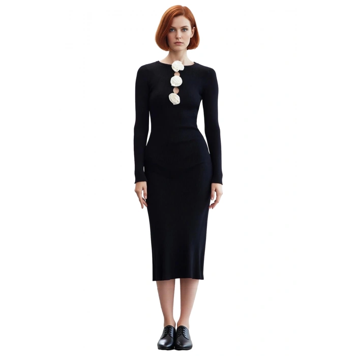 Kadın Limited Edition Siyah Bodycon Triko Gül Detaylı Maxi Elbise İlkbahar Sonbahar Zarafeti Sunar