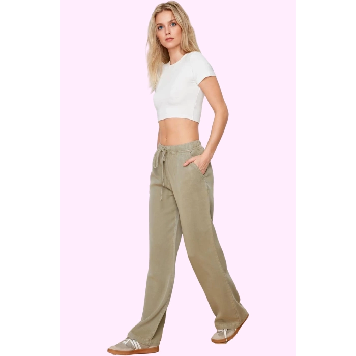 Kadın Liyosel Pantolon Regular Wide Leg Yüksek Bel Tasarım İlkbahar Sonbahar Günlük Kullanım
