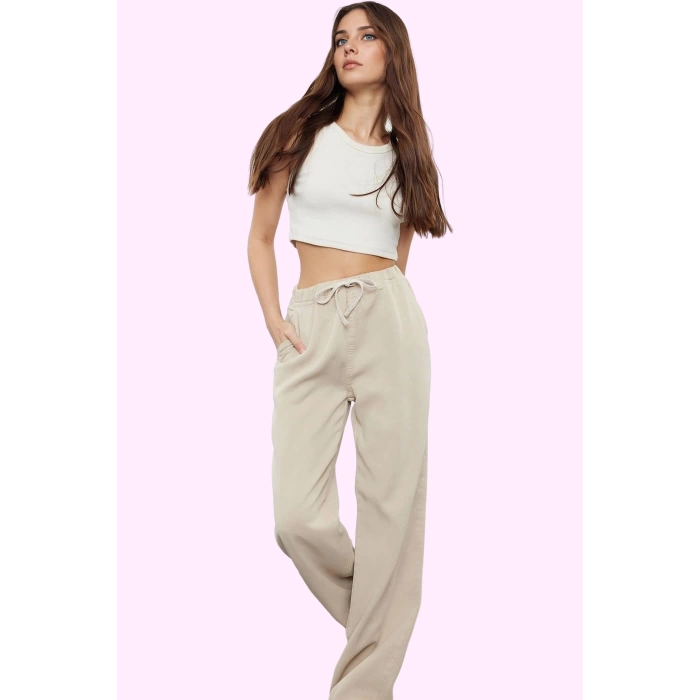 Kadın Liyosel Pantolon Regular Wide Leg Yüksek Bel Tasarım İlkbahar Sonbahar Günlük Kullanım