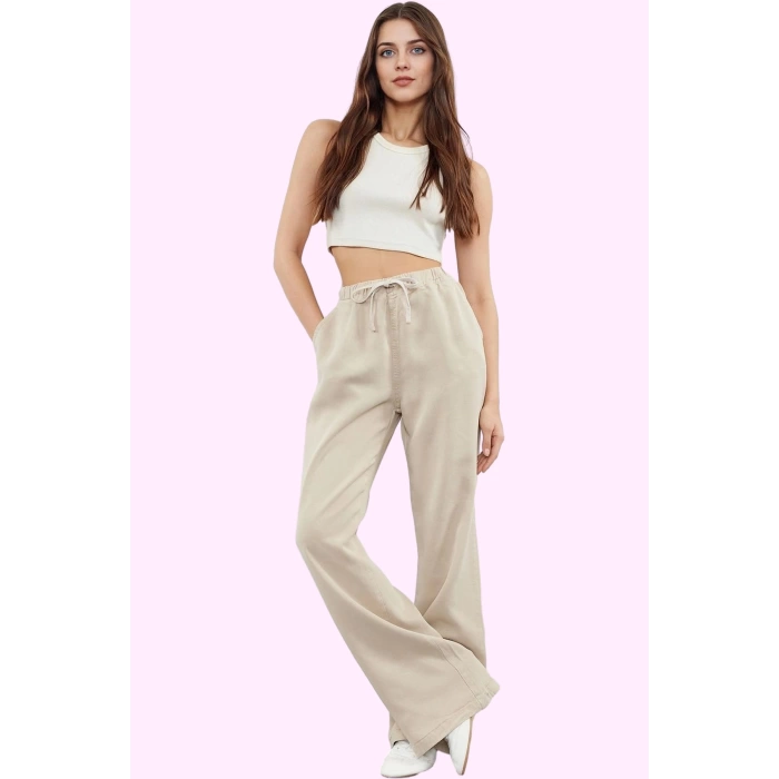 Kadın Liyosel Pantolon Regular Wide Leg Yüksek Bel Tasarım İlkbahar Sonbahar Günlük Kullanım