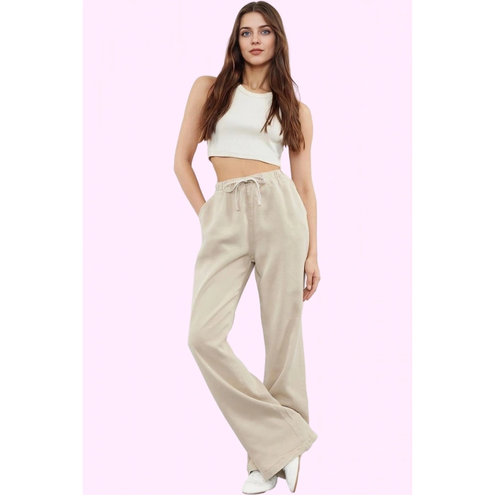 Kadın Liyosel Pantolon Regular Wide Leg Yüksek Bel Tasarım İlkbahar Sonbahar Günlük Kullanım