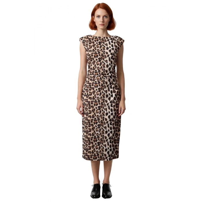 Kadın Mat Saten Leopar Desenli Midi Elbise Bisiklet Yaka Kolsuz Yazlık Şık Tasarımlı Astarlı Dokuma